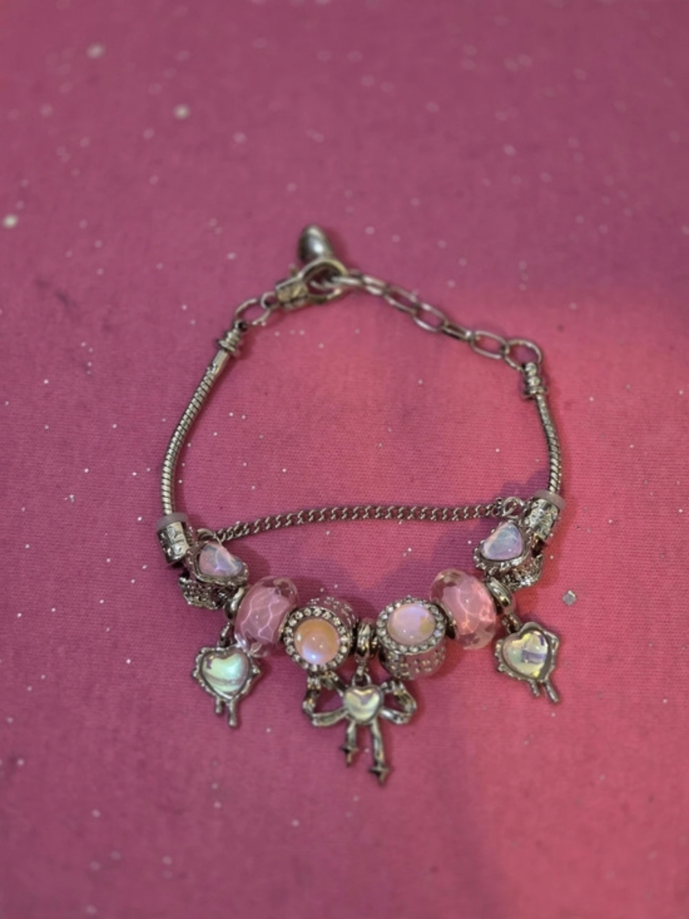 Silver Tone Chain Charm Bracelet w/ Pink Beads, Bow & Heart Dangle Charms